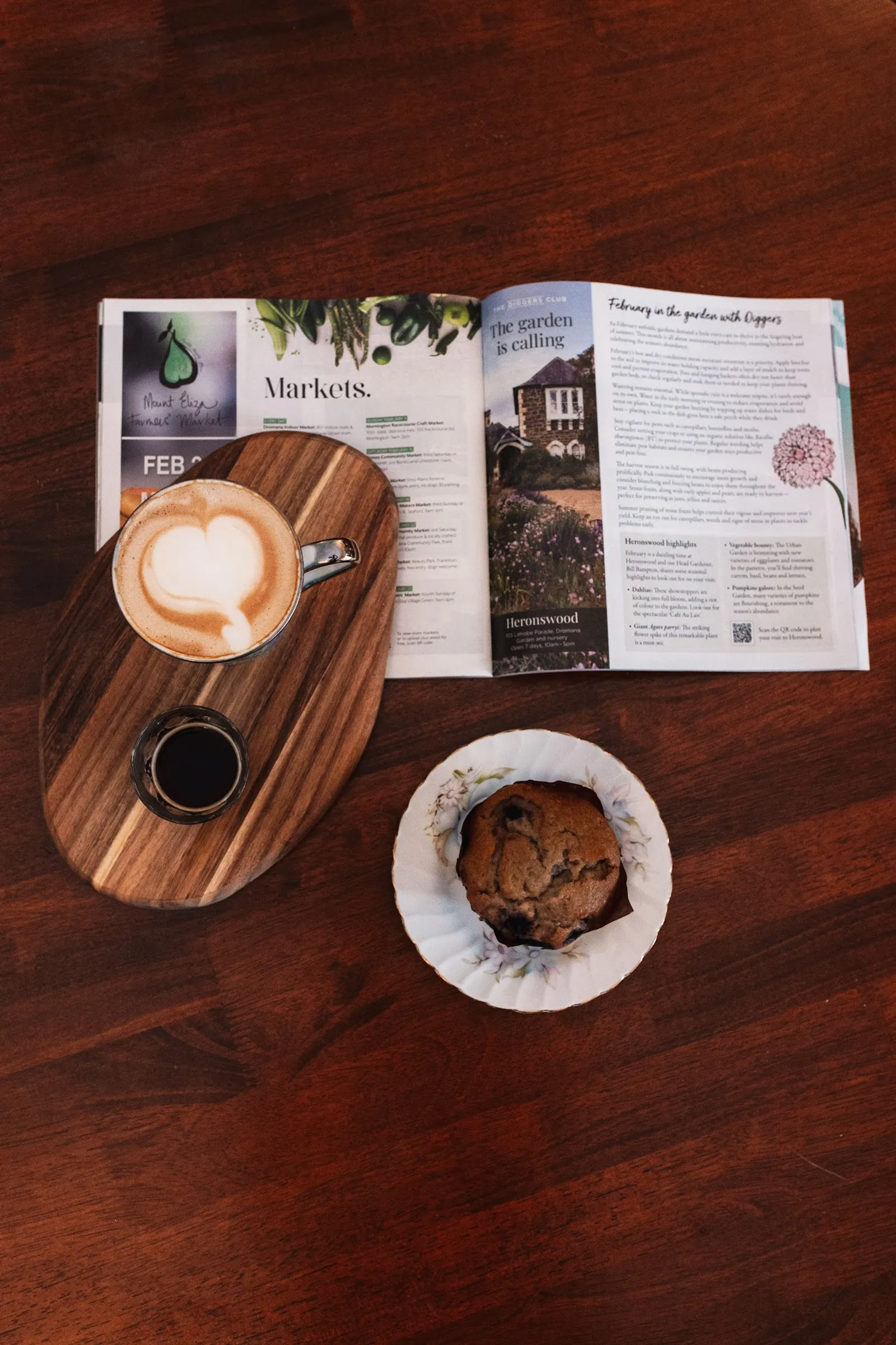 Overhead flat-lay of latte, blueberry muffin, and open magazine on dark timber table